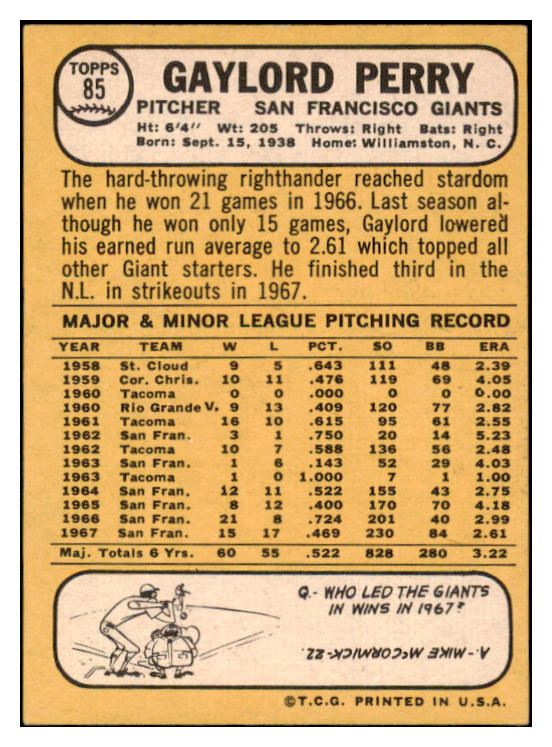 1968 Topps #085 Gaylord Perry Giants Signed Autographed 509376