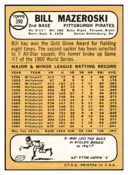 1968 Topps #390 Bill Mazeroski Pirates Signed Autographed 509387