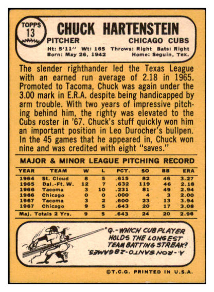 1968 Topps #013 Chuck Hartenstein Cubs Signed Autographed 509391
