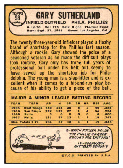 1968 Topps #098 Gary Sutherland Phillies Signed Autographed 509414