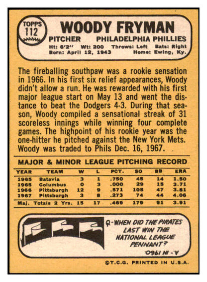 1968 Topps #112 Woody Fryman Phillies Signed Autographed 509417