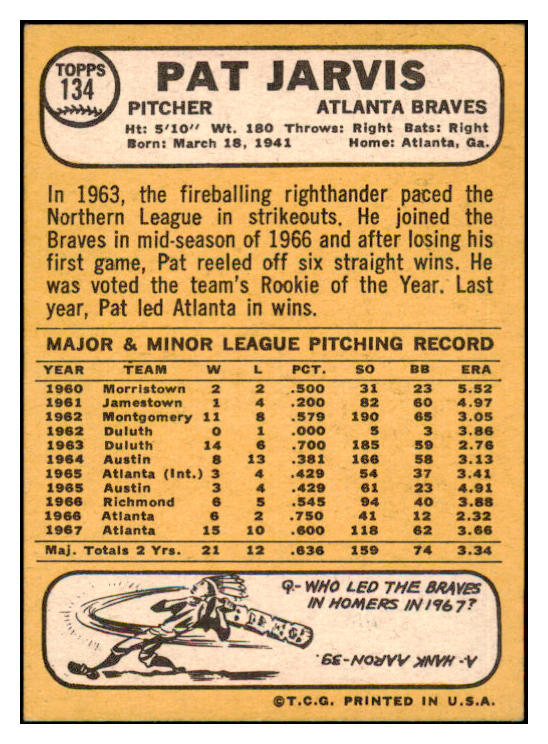 1968 Topps #134 Pat Jarvis Braves Signed Autographed 509424
