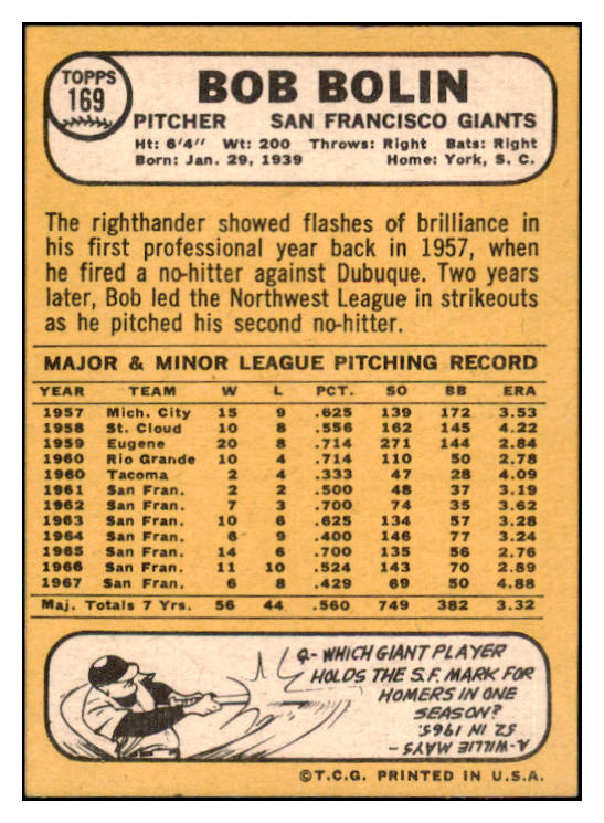 1968 Topps #169 Bob Bolin Giants Signed Autographed 509431