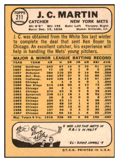 1968 Topps #211 J.C. Martin Mets Signed Autographed 509443