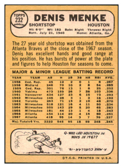 1968 Topps #232 Denis Menke Astros Signed Autographed 509448