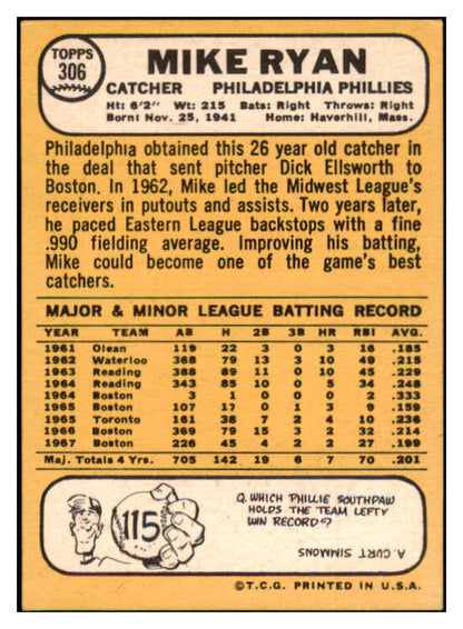 1968 Topps #306 Mike Ryan Phillies Signed Autographed 509468