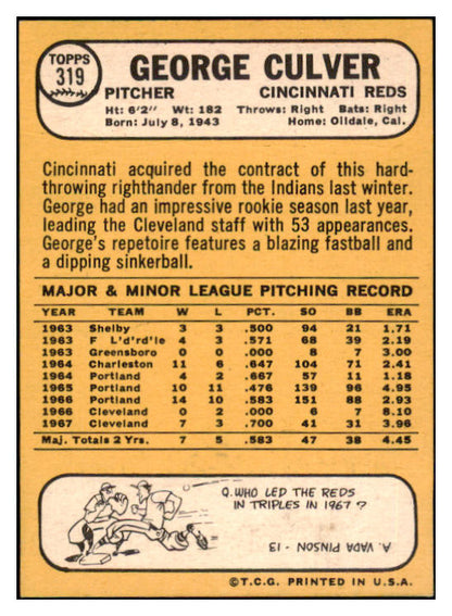 1968 Topps #319 George Culver Reds Signed Autographed 509474