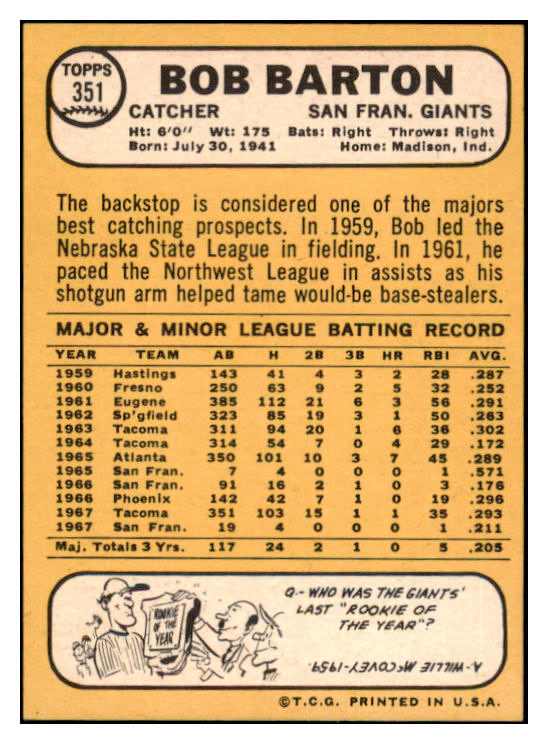 1968 Topps #351 Bob Barton Giants Signed Autographed 509484