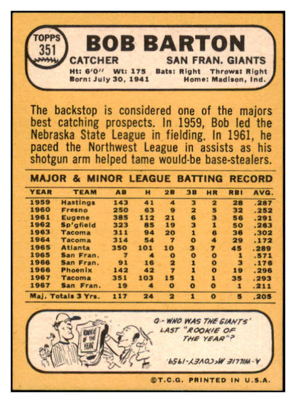 1968 Topps #351 Bob Barton Giants Signed Autographed 509484