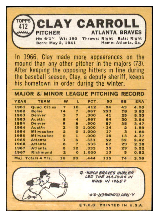 1968 Topps #412 Clay Carroll Braves Signed Autographed 509500