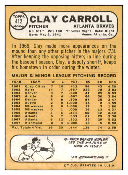 1968 Topps #412 Clay Carroll Braves Signed Autographed 509500