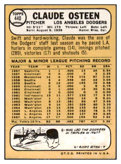 1968 Topps #440 Claude Osteen Dodgers Signed Autographed 509512