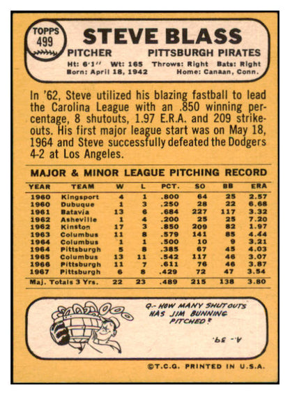 1968 Topps #499 Steve Blass Pirates Signed Autographed 509528