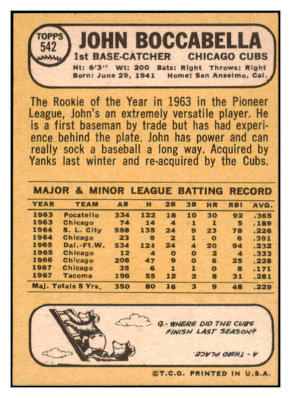 1968 Topps #542 John Boccabella Cubs Signed Autographed 509540