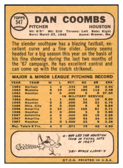 1968 Topps #547 Dan Coombs Astros Signed Autographed 509541