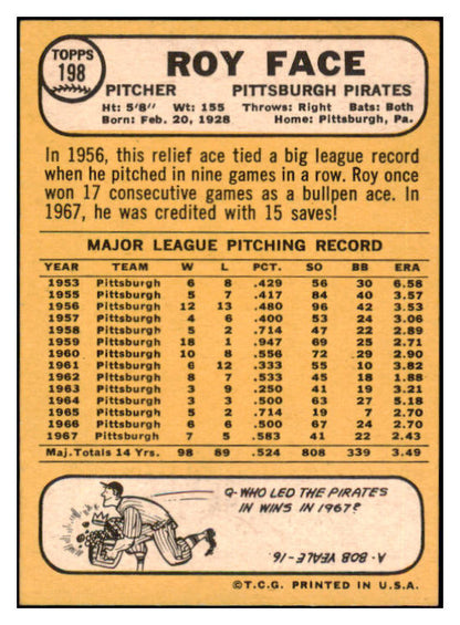 1968 Topps #198 Roy Face Pirates Signed Autographed 509559