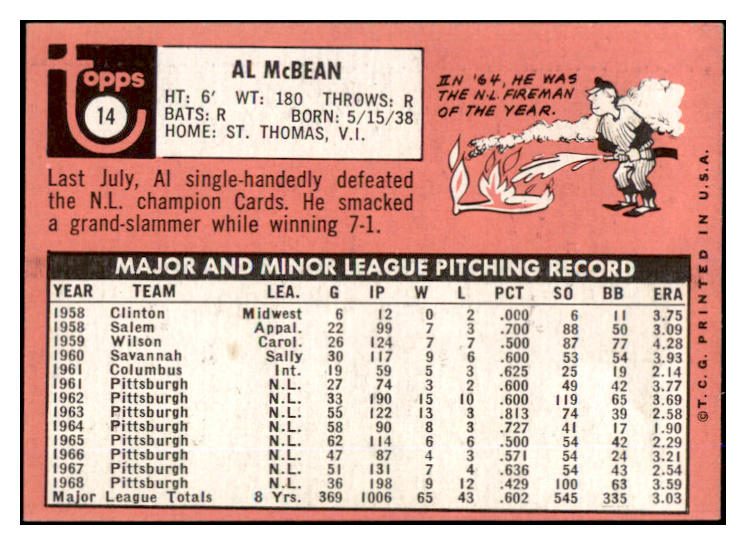 1969 Topps #014 Al Mcbean Padres Signed Autographed 509589