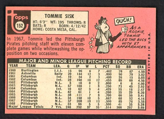 1969 Topps #152 Tommie Sisk Pirates Signed Autographed 509629