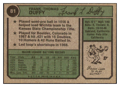 1974 Topps #081 Frank Duffy Indians Signed Autographed 509834