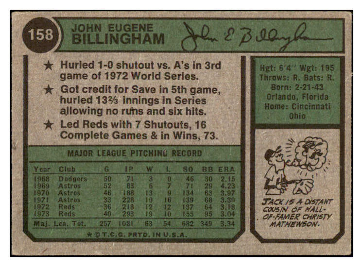 1973 Topps #158 Jack Billingham Reds Signed Autographed 509835