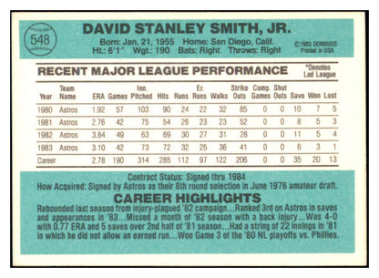 1984 Donruss #548 Dave Smith Astros Signed Autographed 509842