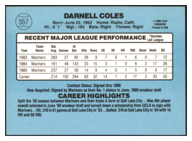 1986 Donruss #557 Darnell Coles Mariners Signed Autographed 509847