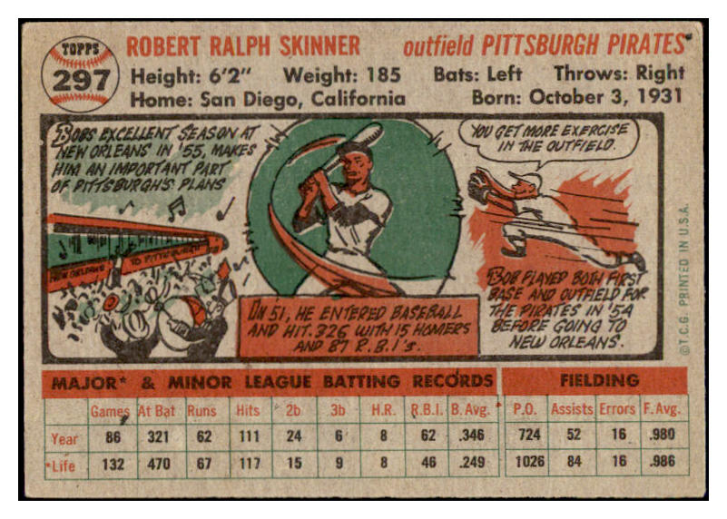 1956 Topps #297 Bob Skinner Pirates Signed Autographed 509857