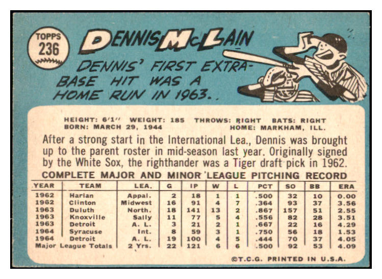 1965 Topps Baseball #236 Denny McLain Tigers EX+/EX-MT 509904