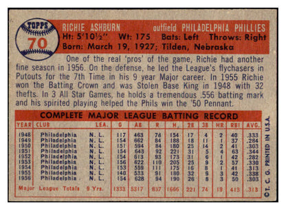 1957 Topps Baseball #070 Richie Ashburn Phillies EX-MT 509983