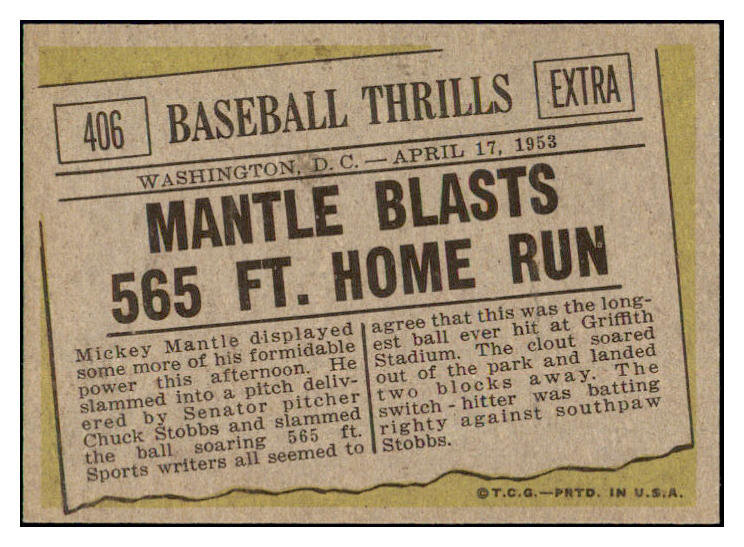 1961 Topps Baseball #406 Mickey Mantle IA Yankees EX-MT 510044