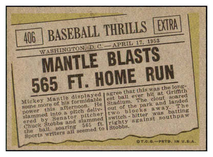 1961 Topps Baseball #406 Mickey Mantle IA Yankees EX-MT 510044