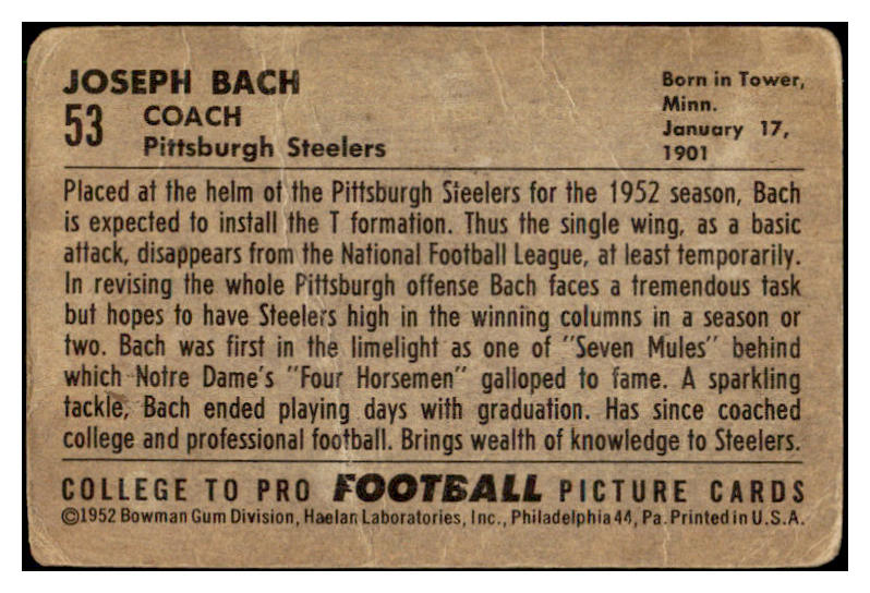 1952 Bowman Large Football #053 Joseph Bach Steelers Fair 510048