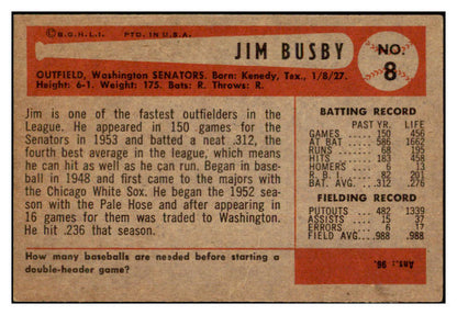 1954 Bowman Baseball #008 Jim Busby Senators EX-MT 510059