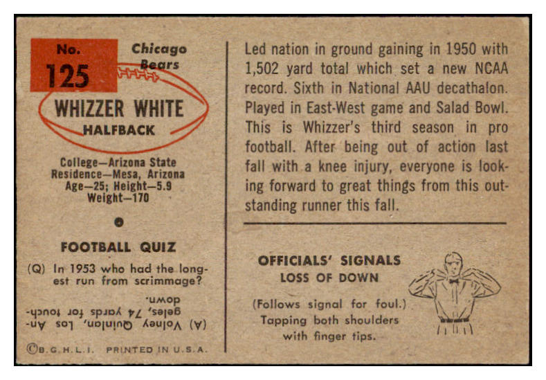 1954 Bowman Football #125 Whizzer White Bears EX-MT 510070