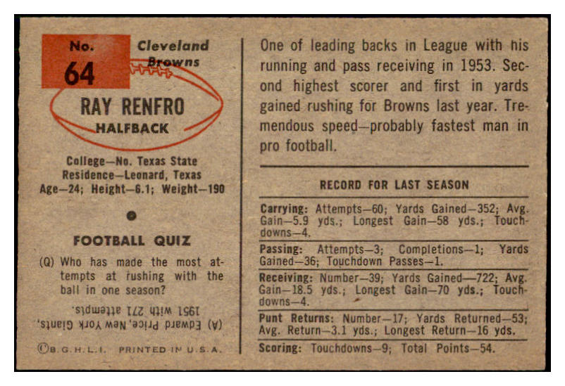 1954 Bowman Football #064 Ray Renfro Browns EX-MT 510072