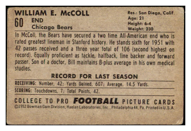 1952 Bowman Small Football #060 Bill McColl Bears PR-FR 510113