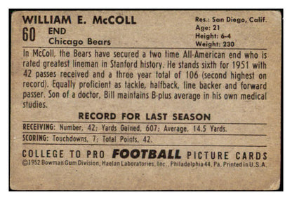 1952 Bowman Small Football #060 Bill McColl Bears PR-FR 510113
