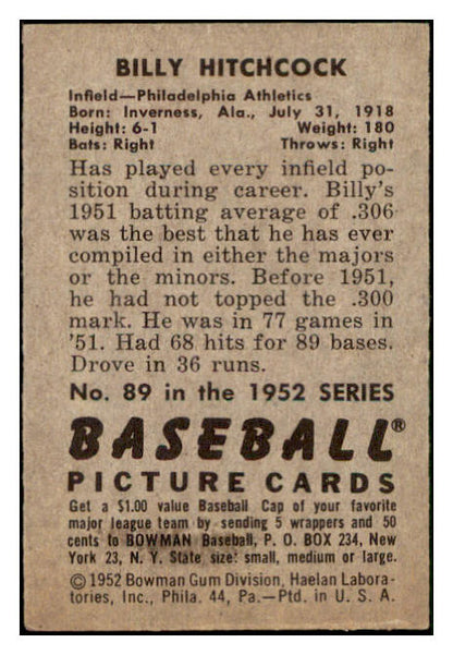 1952 Bowman Baseball #089 Billy Hitchcock A's EX 510121