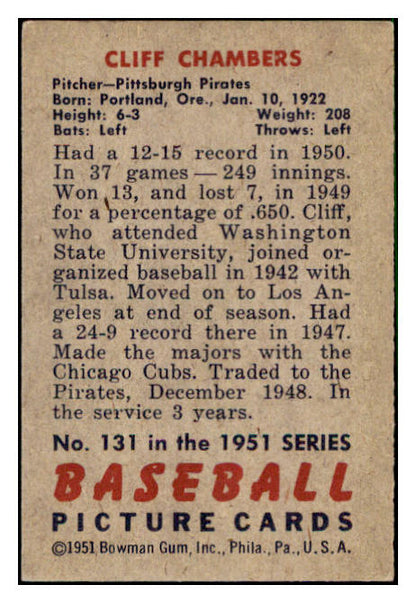 1951 Bowman Baseball #131 Cliff Chambers Pirates EX 510128