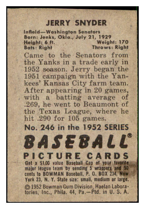 1952 Bowman Baseball #246 Jery Snyder Senators EX 510152