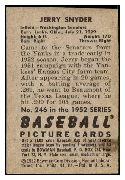 1952 Bowman Baseball #246 Jery Snyder Senators EX 510152