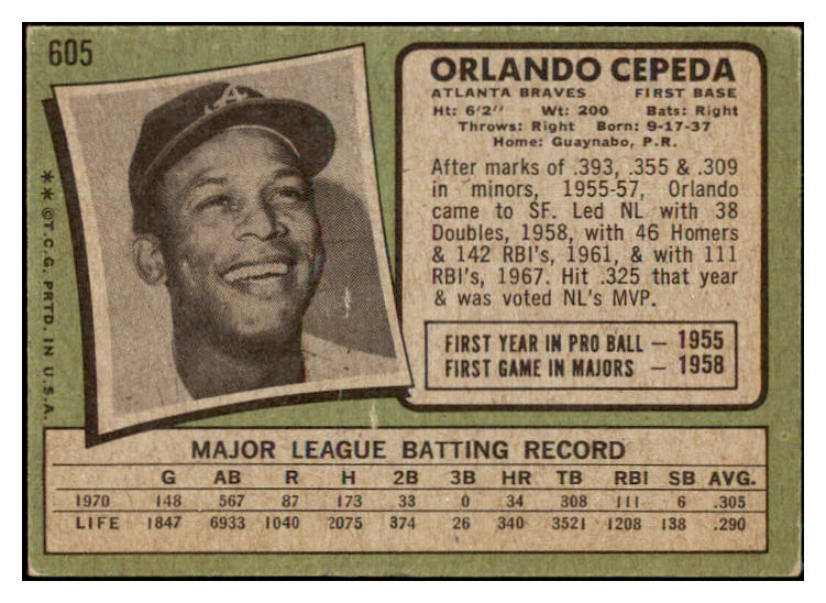 1971 Topps Baseball #605 Orlando Cepeda Braves VG-EX 510637
