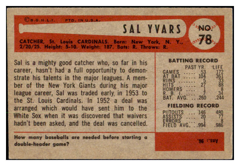 1954 Bowman Baseball #078 Sal Yvars Cardinals EX 510683