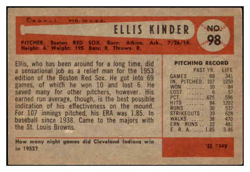 1954 Bowman Baseball #098 Ellis Kinder Red Sox EX-MT 510688