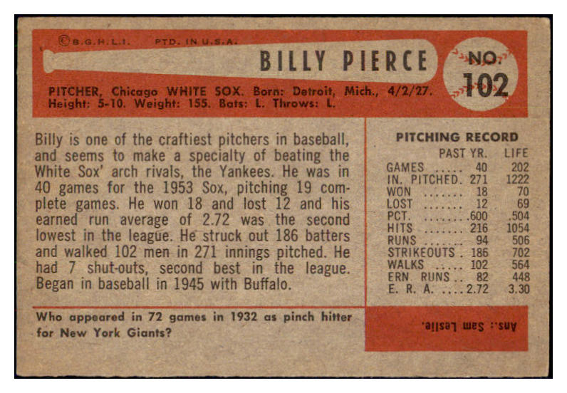 1954 Bowman Baseball #102 Billy Pierce White Sox EX-MT 510693