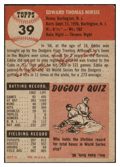 1953 Topps Baseball #039 Eddie Miksis Cubs EX-MT 510708