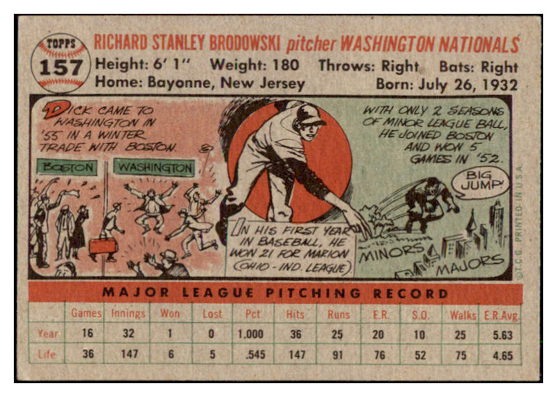 1956 Topps Baseball #157 Dick Brodowski Senators EX Gray 510820