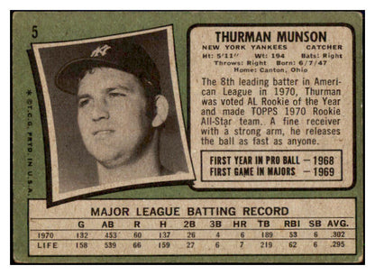 1971 Topps Baseball #005 Thurman Munson Yankees VG 511362