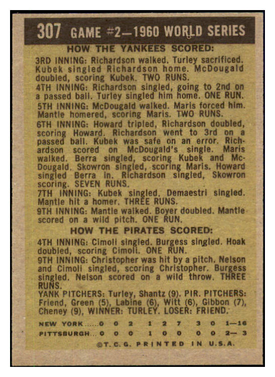 1961 Topps Baseball #307 World Series Game 2 Mickey Mantle EX-MT 511410