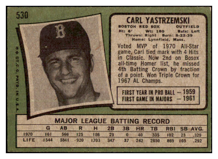 1971 Topps Baseball #530 Carl Yastrzemski Red Sox EX 511479